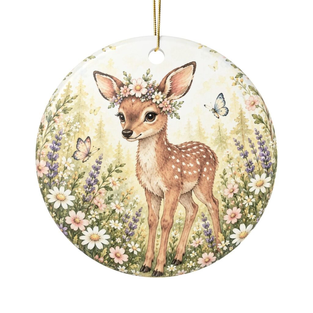 Lulu the Fawn with Florals Round Ceramic Ornament
