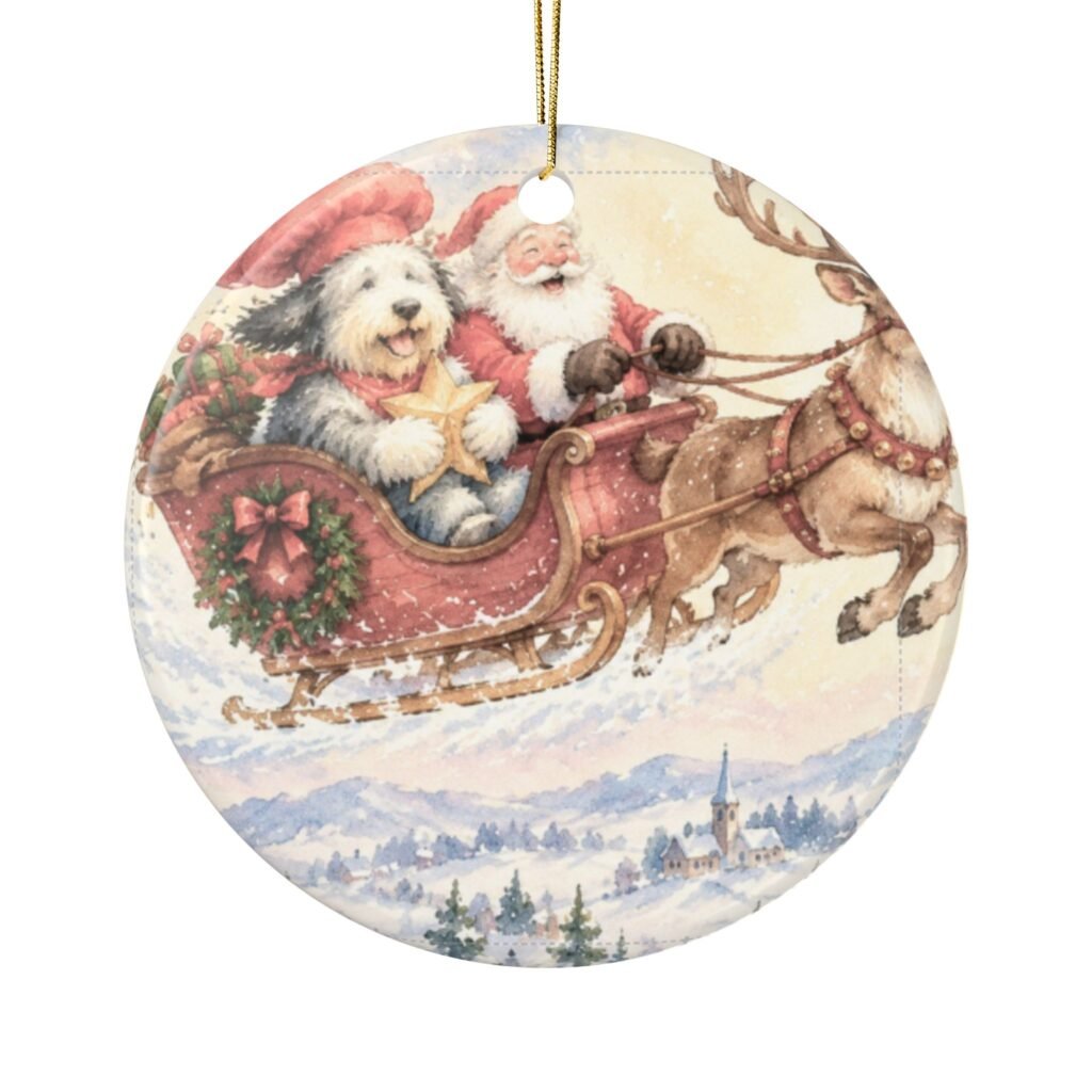 Whiskerloo’s Christmas Sleigh Round Ceramic Ornament
